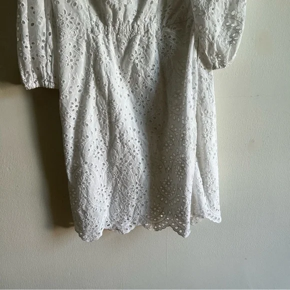 White Œillets Sz M Cottagecore Puff Sleeves Button Front Mini Dress - Picture 6 of 11